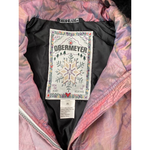 Obermeyer Iridescent Metallic Pink Ski Coat Fauc Black Fur Hooded Retro 80s - Picture 2 of 4
